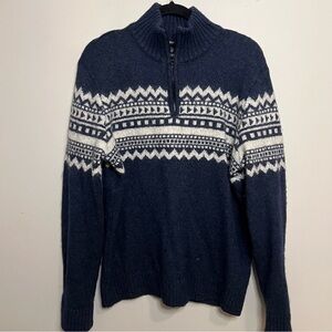 Men's Navy Patterned Quarter Zip Sweater 1/4 zip Eclectic Spring Cotton Wool